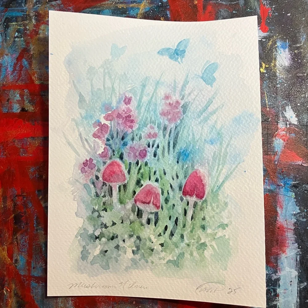 Original Mushrooms butterfly painting floral landscape art nature Artettina USA - Picture 2 of 5